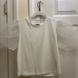 Zara t shirt with sheer  tulle puff sleeve